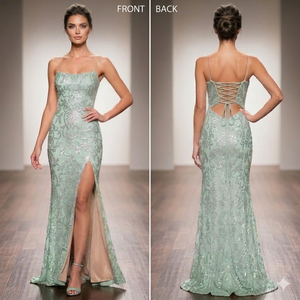 Vtg 90s Y2K Windsor Sequin‎ Lace Up Back Floor Length Prom Dress Mermaid Fairy L